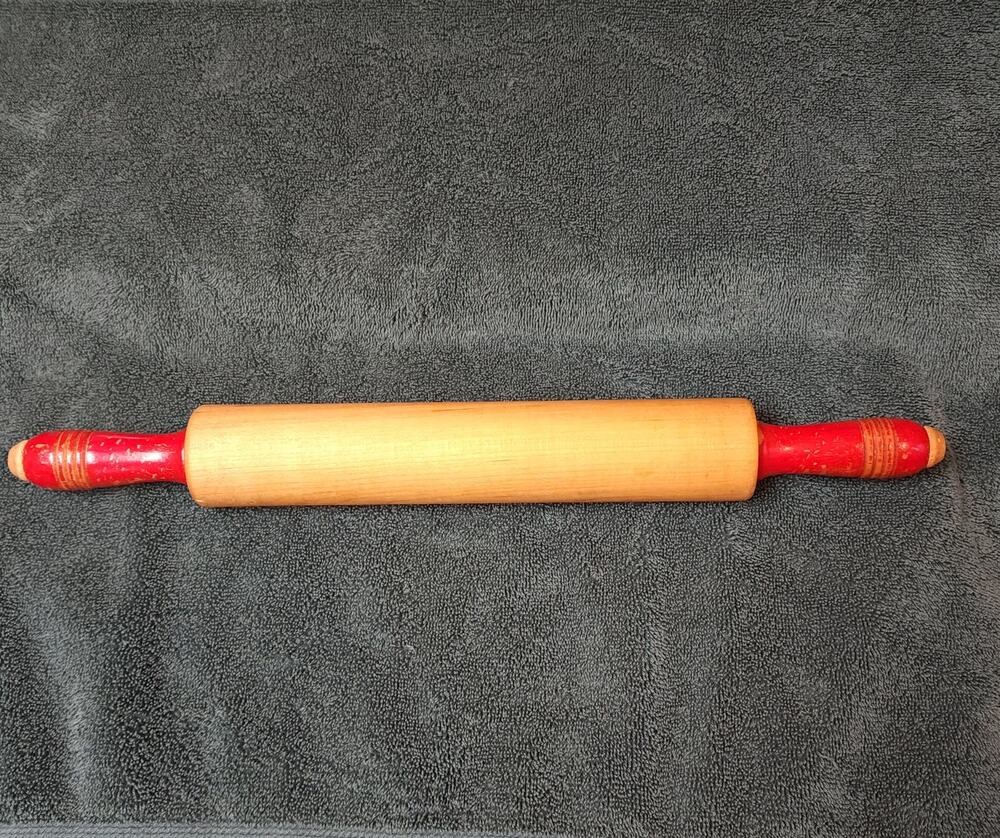 Hardwood Vintage Rolling Pin w Red Handles Circa 1950s - 1960s